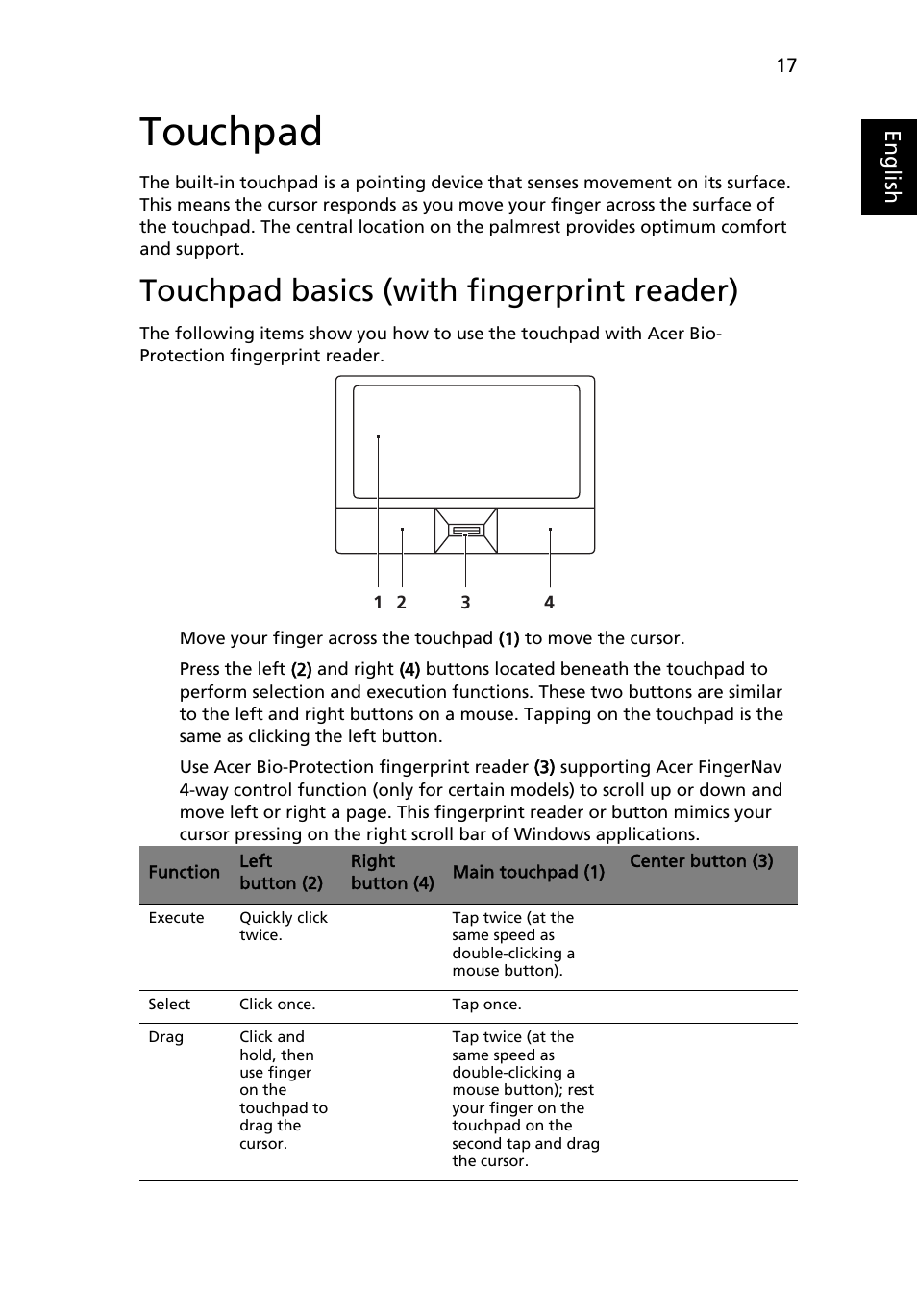 Touchpad, Touchpad basics (with fingerprint reader) | Acer Aspire 7230 User Manual | Page 37 / 103