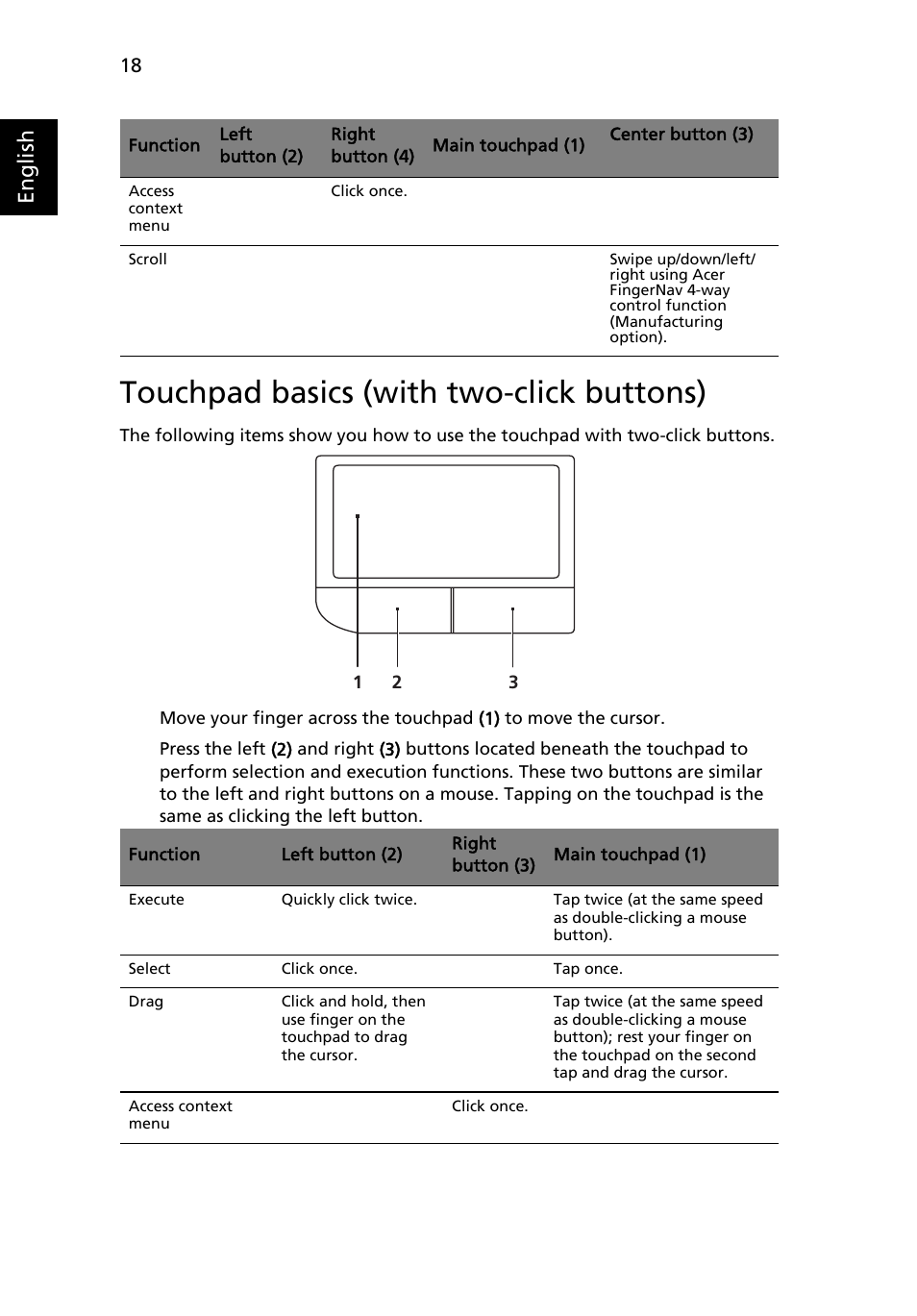 Touchpad basics (with two-click buttons), English | Acer Aspire 7230 User Manual | Page 38 / 103