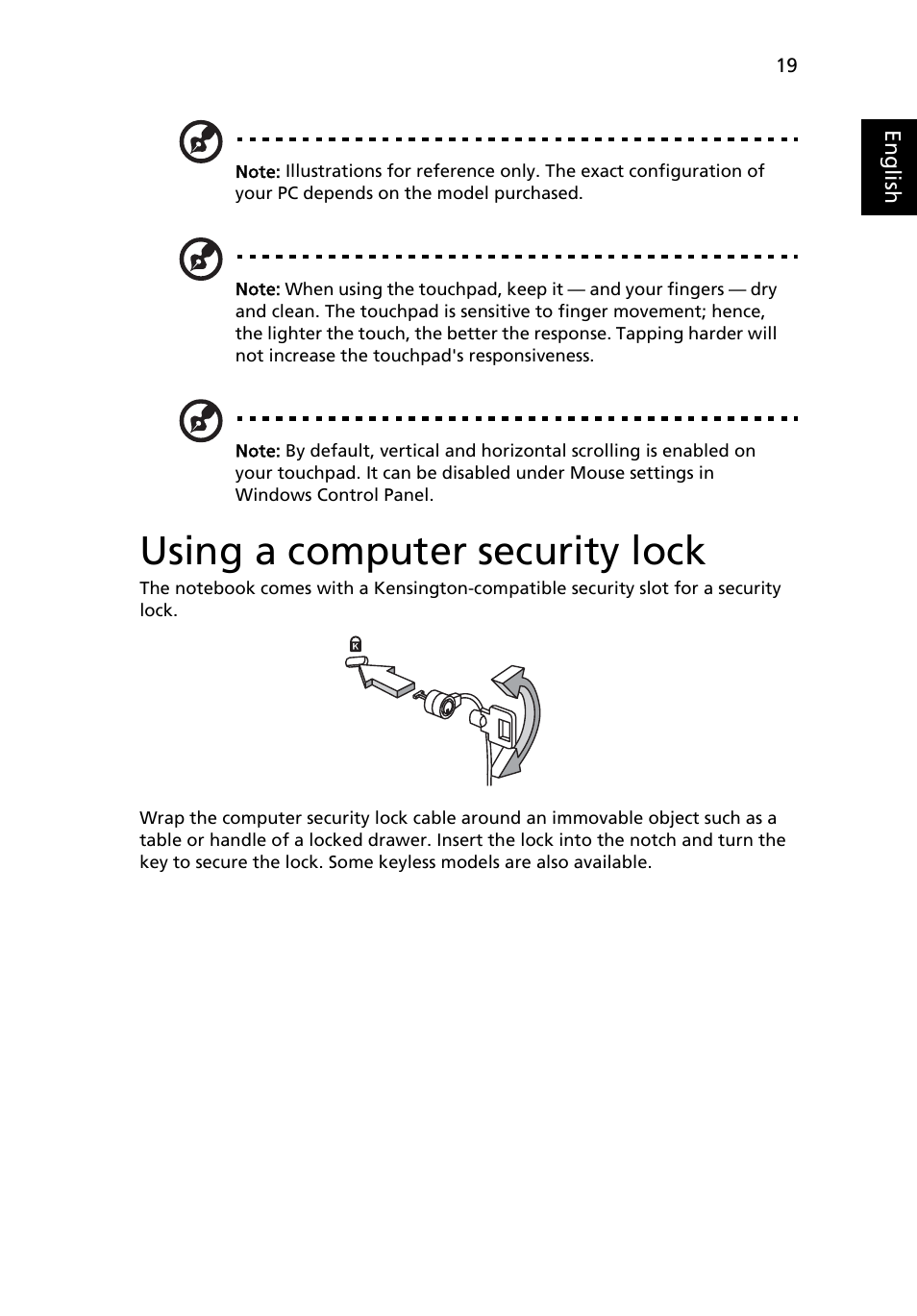 Using a computer security lock | Acer Aspire 7230 User Manual | Page 39 / 103