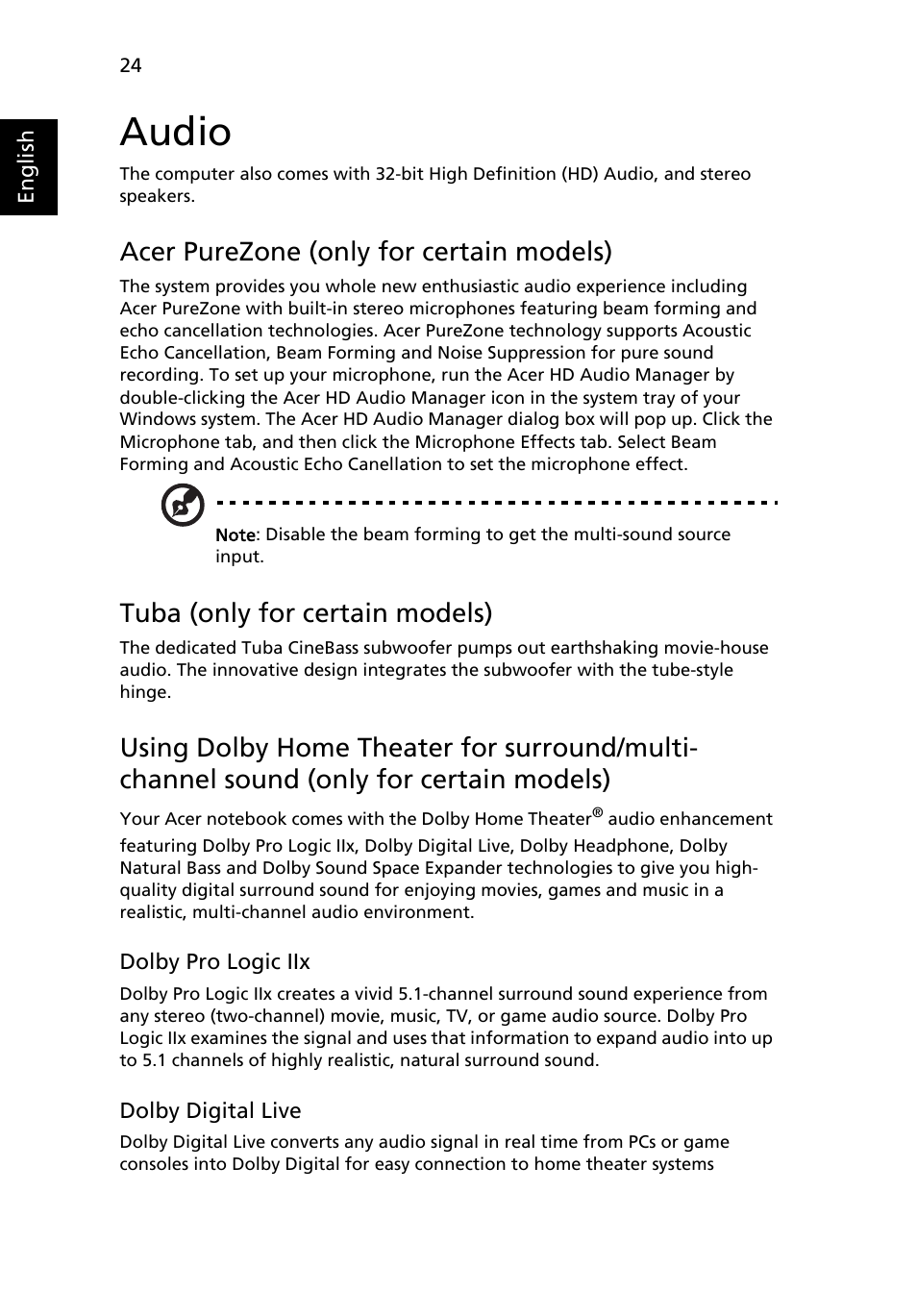 Audio, Acer purezone (only for certain models), Tuba (only for certain models) | Sound (only for certain models) | Acer Aspire 7230 User Manual | Page 44 / 103