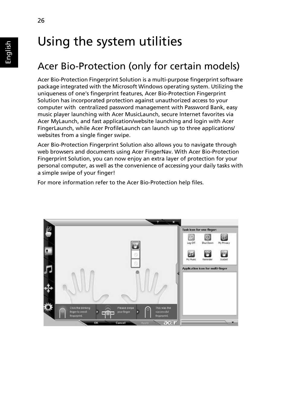 Using the system utilities, Acer bio-protection (only for certain models) | Acer Aspire 7230 User Manual | Page 46 / 103