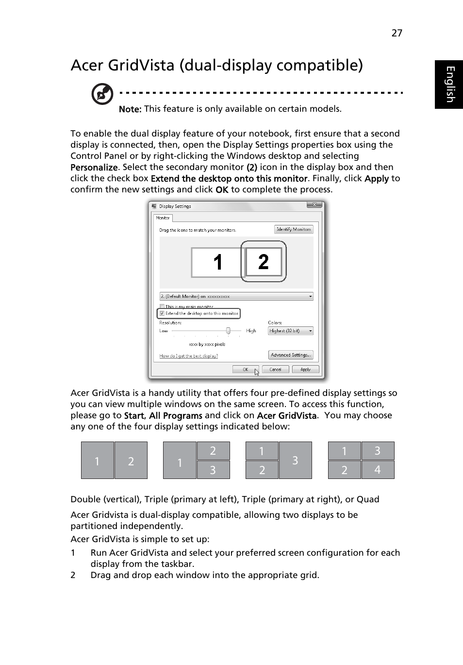 Acer gridvista (dual-display compatible) | Acer Aspire 7230 User Manual | Page 47 / 103