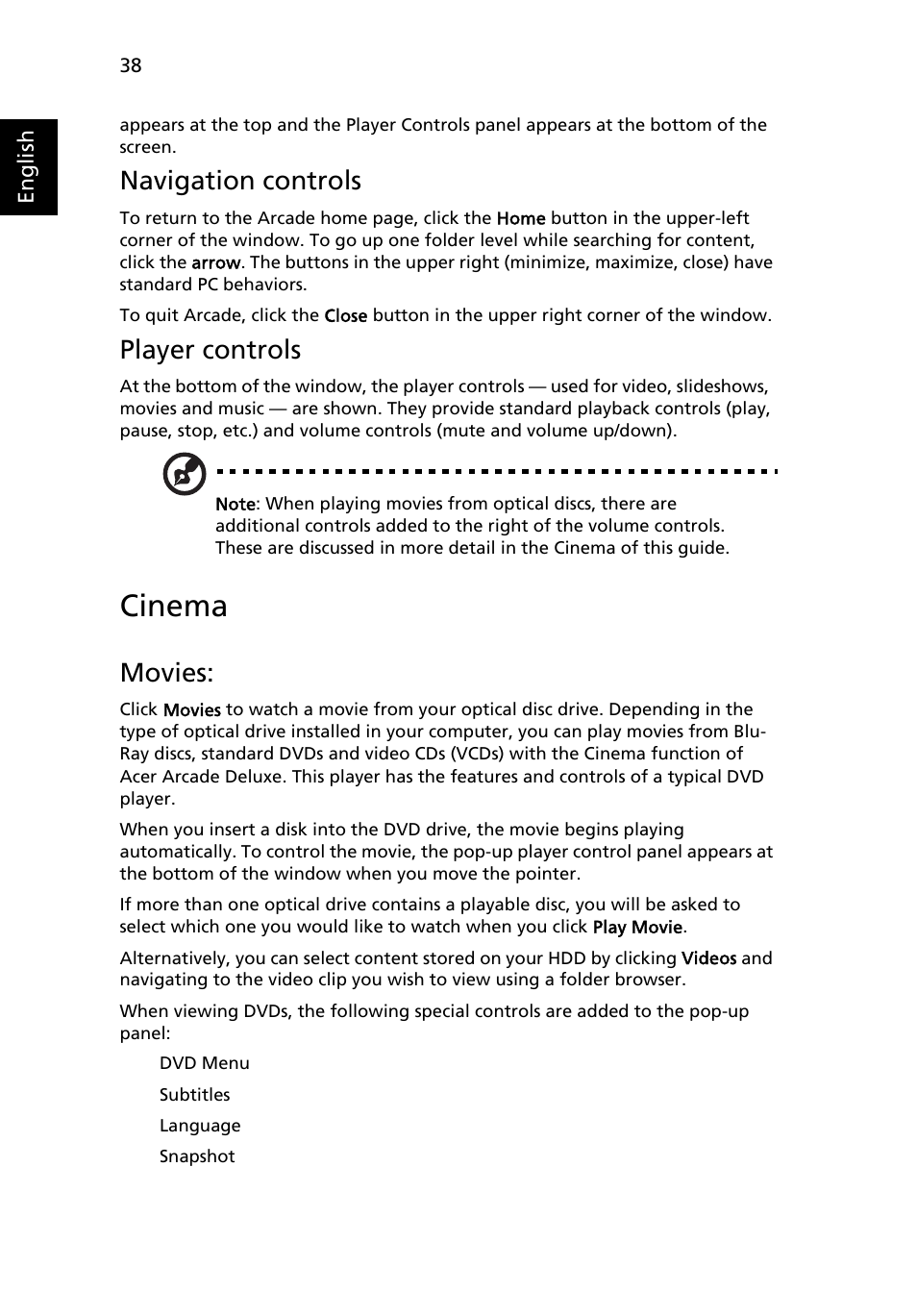 Cinema, Navigation controls, Player controls | Movies | Acer Aspire 7230 User Manual | Page 58 / 103