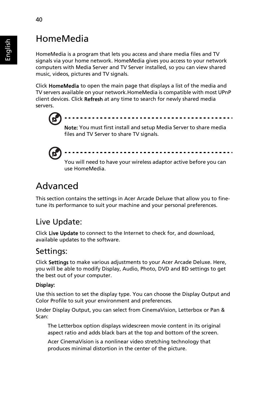 Homemedia, Advanced, Live update | Settings | Acer Aspire 7230 User Manual | Page 60 / 103
