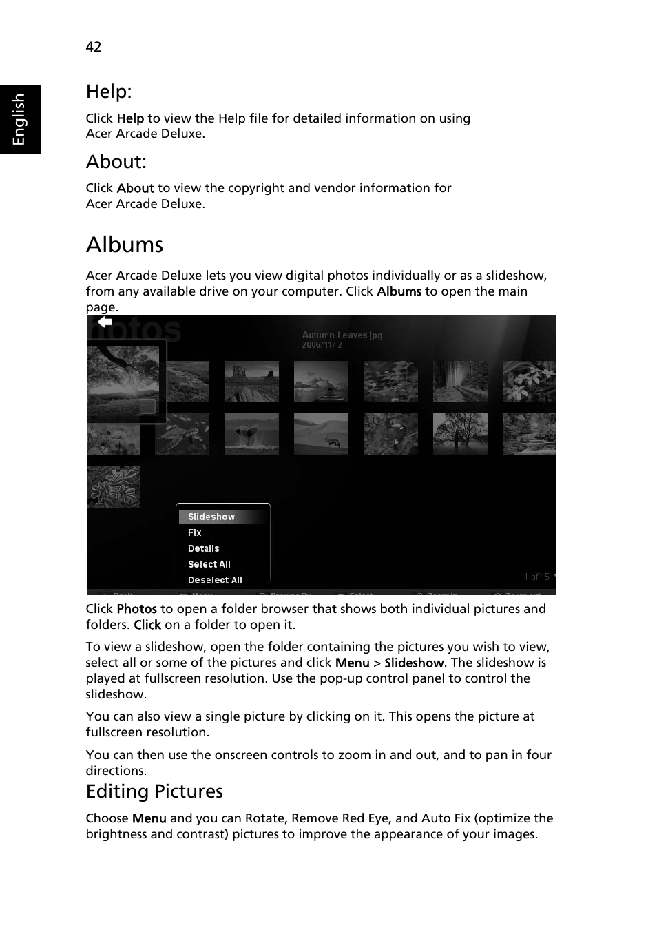 Albums, Editing pictures, Help | About | Acer Aspire 7230 User Manual | Page 62 / 103