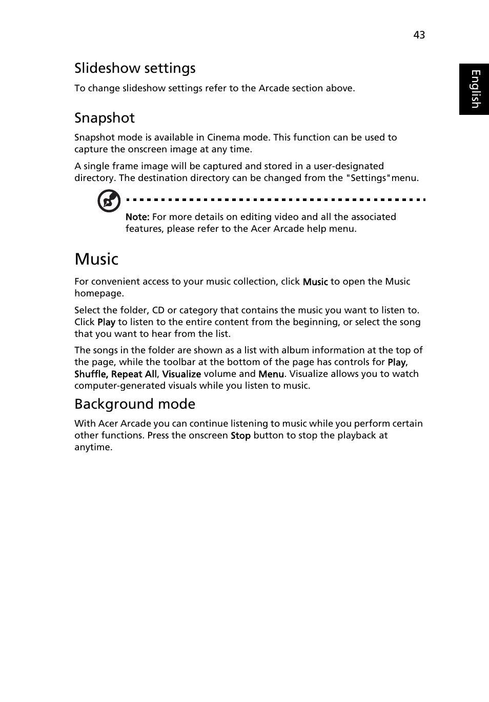 Music, Slideshow settings, Snapshot | Background mode | Acer Aspire 7230 User Manual | Page 63 / 103