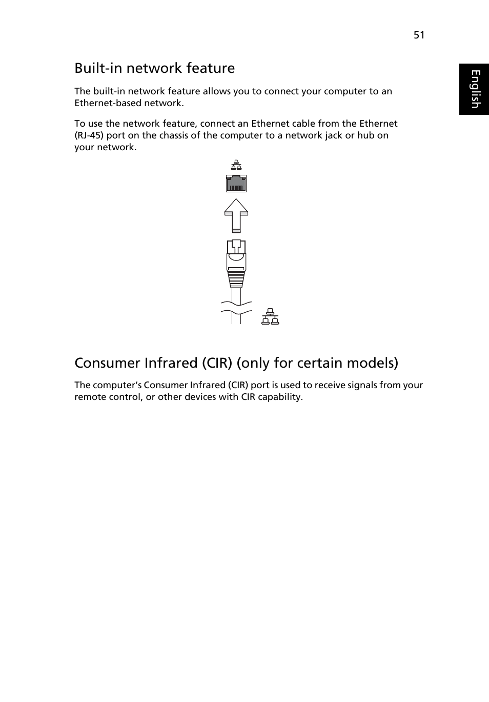 Built-in network feature, Consumer infrared (cir) (only for certain models) | Acer Aspire 7230 User Manual | Page 71 / 103