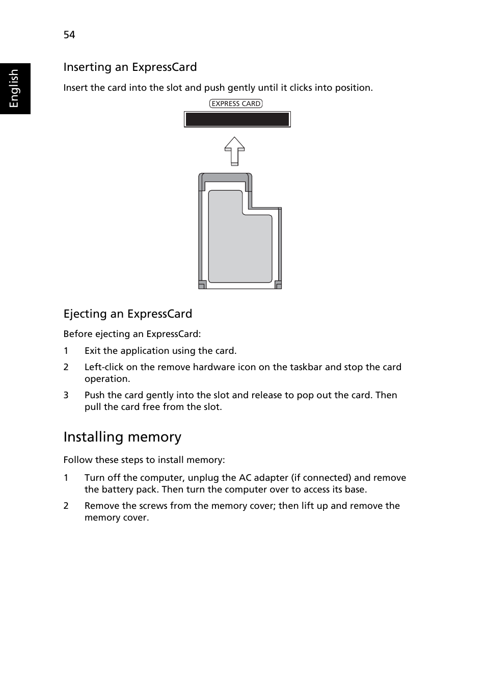 Installing memory | Acer Aspire 7230 User Manual | Page 74 / 103