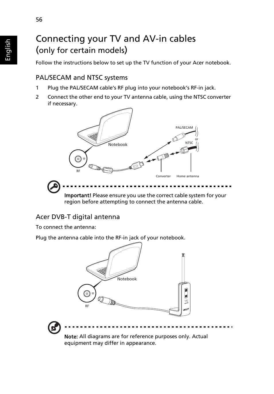 Connecting your tv and av-in cables, Only for certain models, English | Pal/secam and ntsc systems, Acer dvb-t digital antenna | Acer Aspire 7230 User Manual | Page 76 / 103