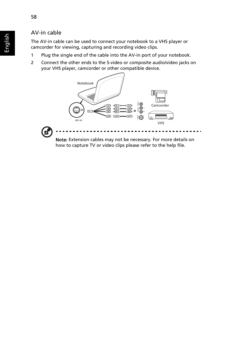 English av-in cable | Acer Aspire 7230 User Manual | Page 78 / 103