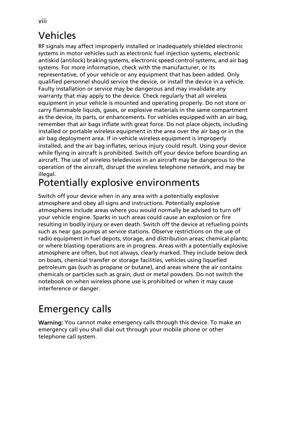 Vehicles, Potentially explosive environments, Emergency calls | Acer Aspire 7230 User Manual | Page 8 / 103