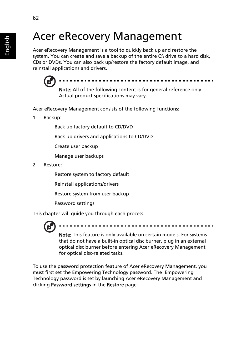 Acer erecovery management | Acer Aspire 7230 User Manual | Page 82 / 103