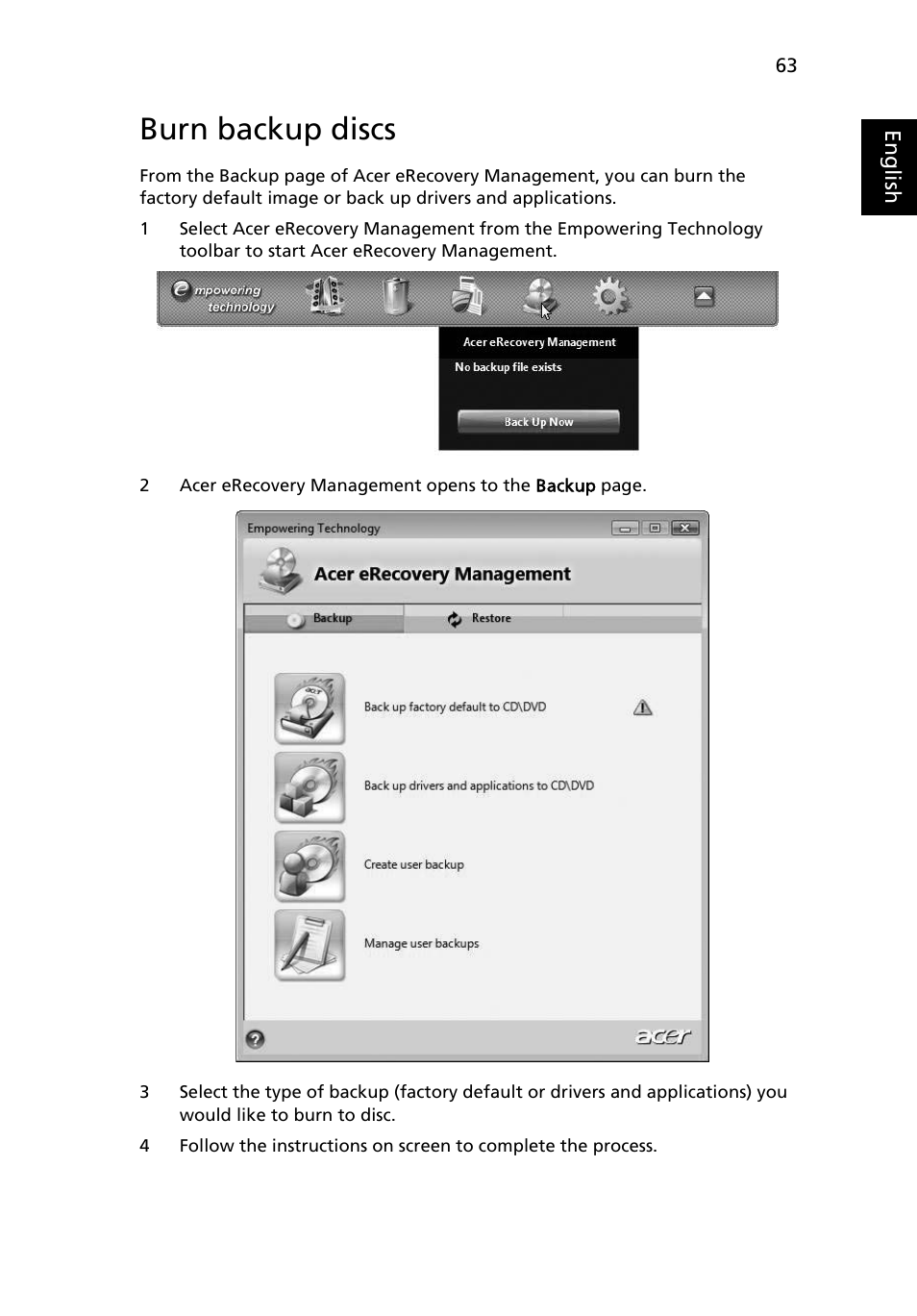 Burn backup discs | Acer Aspire 7230 User Manual | Page 83 / 103