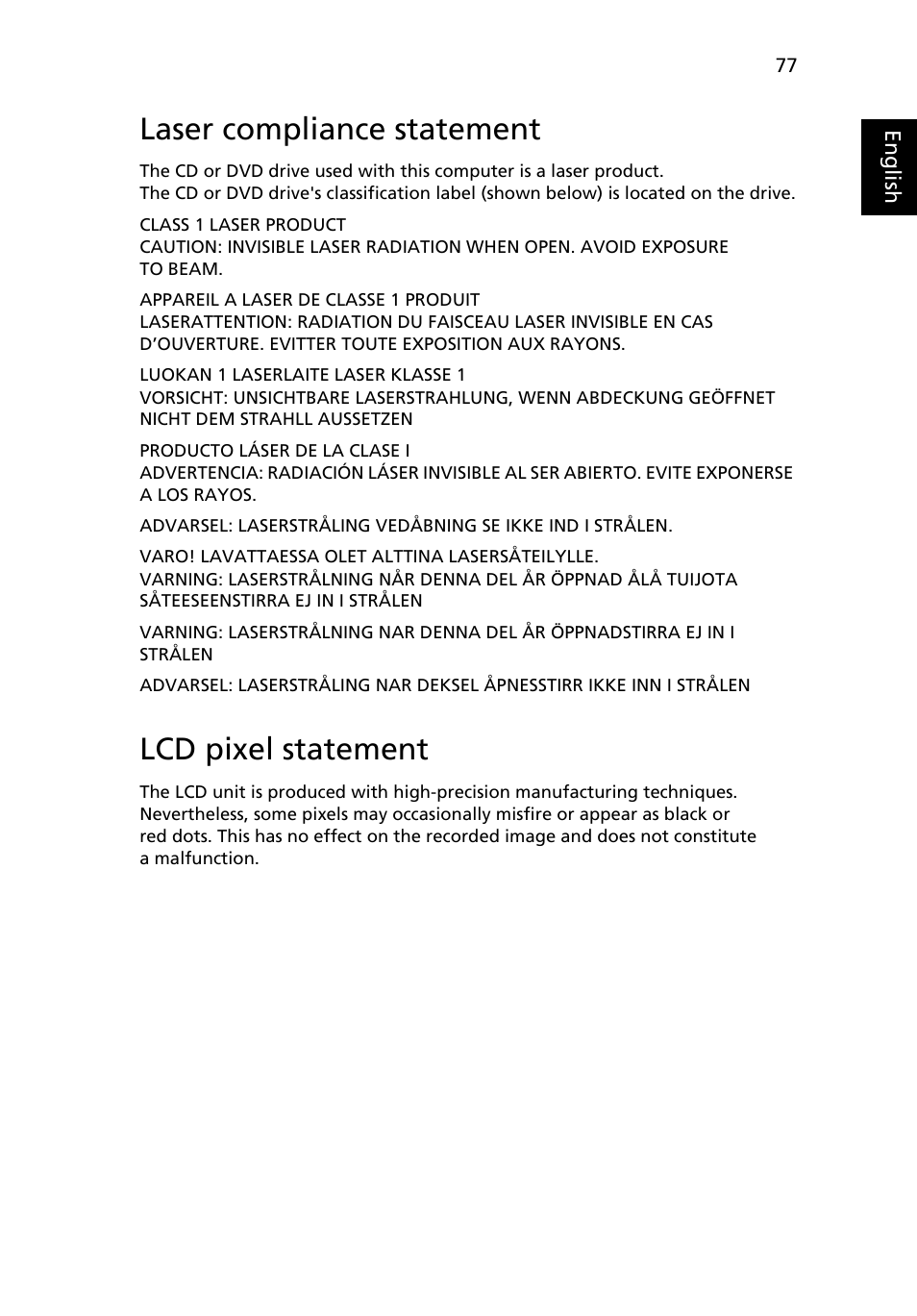 Laser compliance statement, Lcd pixel statement, Radio device regulatory notice | Acer Aspire 7230 User Manual | Page 97 / 103