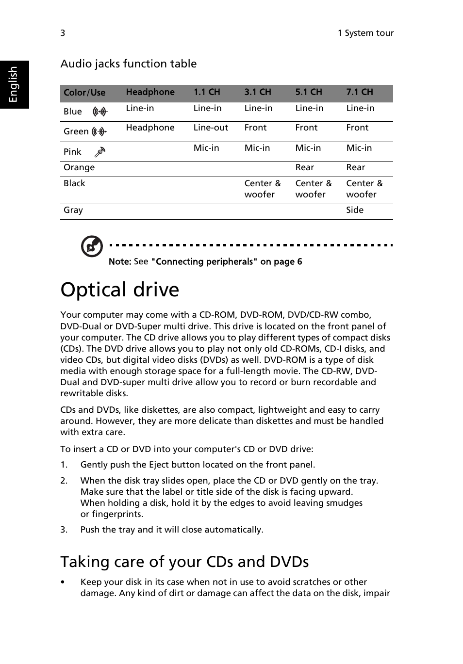 Optical drive, Taking care of your cds and dvds | Acer Veriton M410 User Manual | Page 12 / 37
