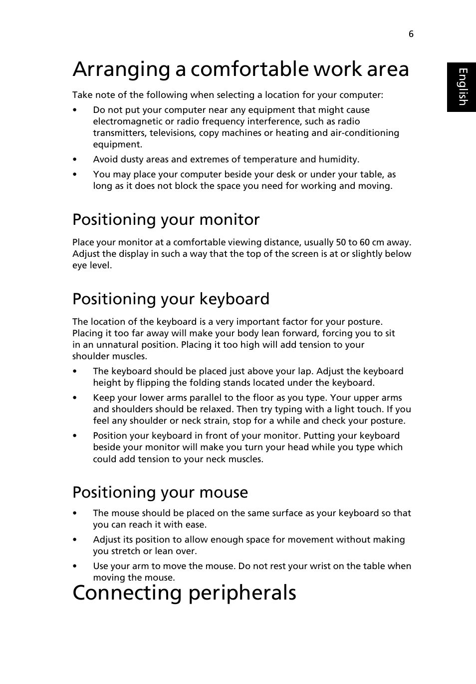 Arranging a comfortable work area, Positioning your monitor, Positioning your keyboard | Positioning your mouse, Connecting peripherals | Acer Veriton M410 User Manual | Page 15 / 37