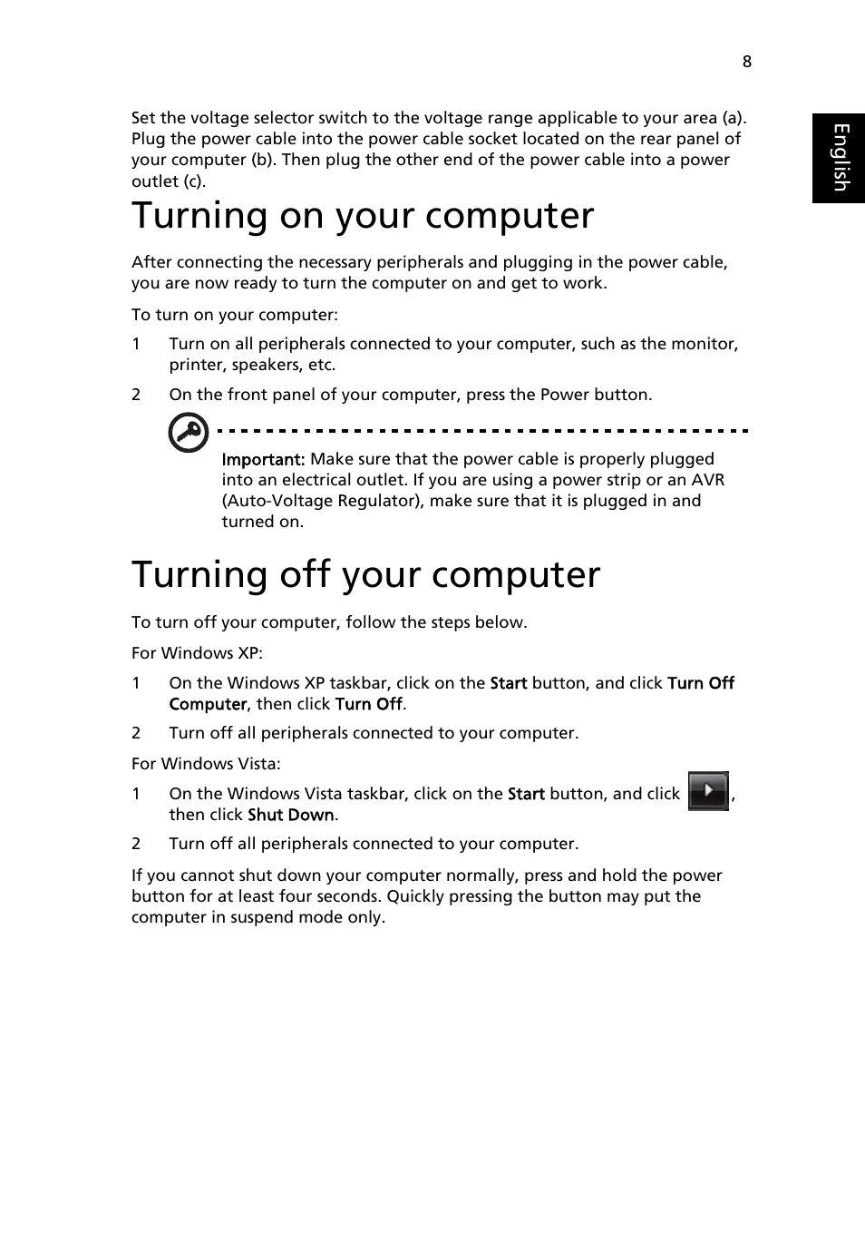 Turning on your computer, Turning off your computer | Acer Veriton M410 User Manual | Page 17 / 37