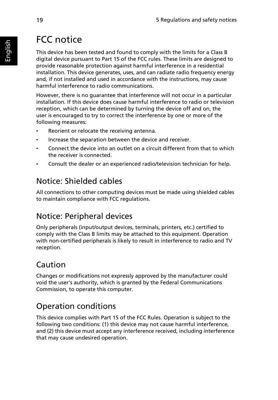 Fcc notice, Notice: shielded cables, Notice: peripheral devices | Caution, Operation conditions | Acer Veriton M410 User Manual | Page 28 / 37