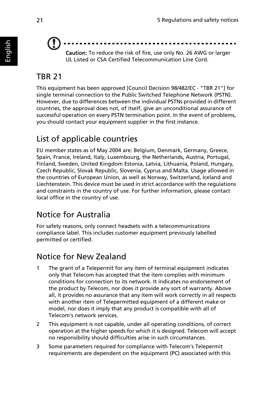 Tbr 21, List of applicable countries, Notice for australia | Notice for new zealand | Acer Veriton M410 User Manual | Page 30 / 37