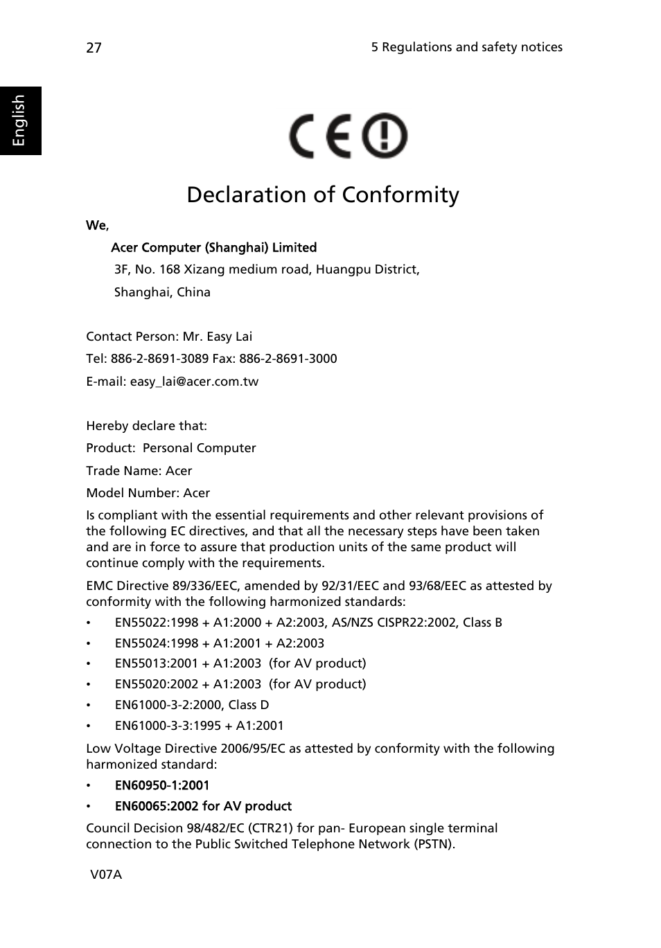 Declaration of conformity | Acer Veriton M410 User Manual | Page 36 / 37
