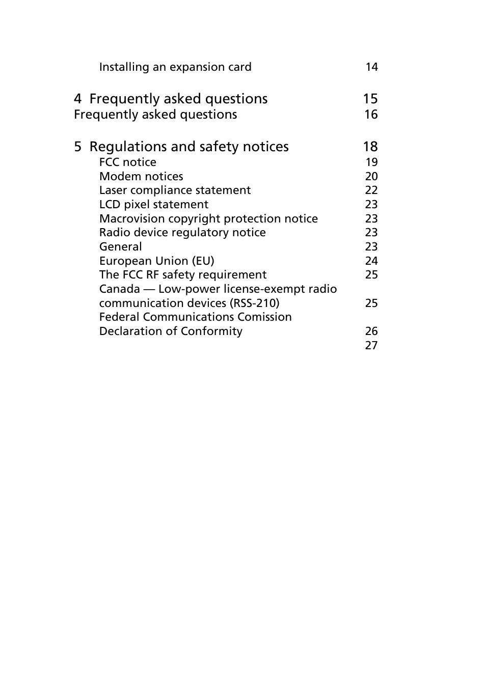 4 frequently asked questions 15, 5 regulations and safety notices 18 | Acer Veriton M410 User Manual | Page 9 / 37