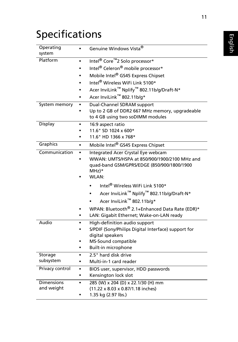 Specifications | Acer Aspire 1810TZ User Manual | Page 11 / 12