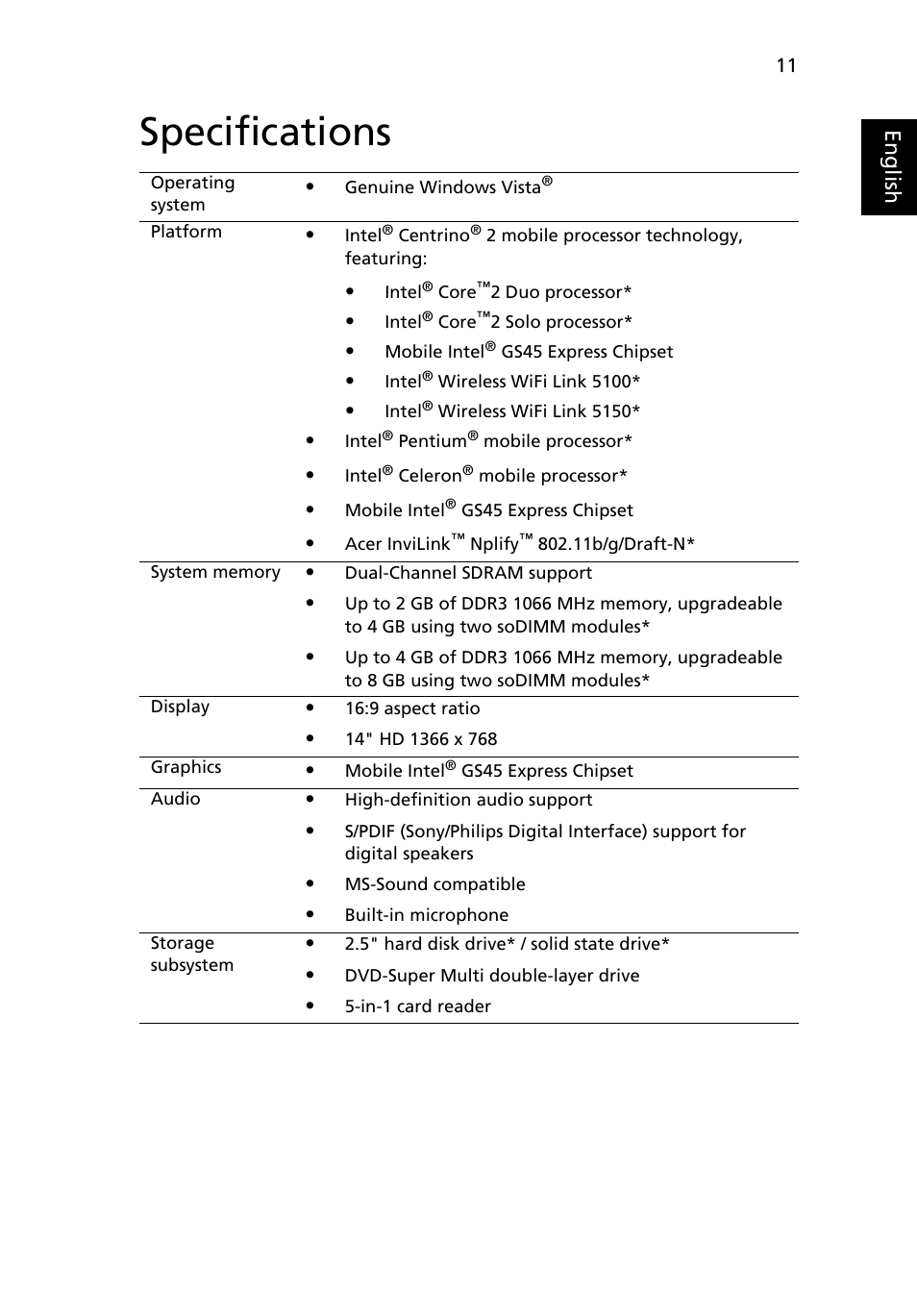 Specifications, Eng lis h | Acer Aspire 4810TZ User Manual | Page 11 / 13