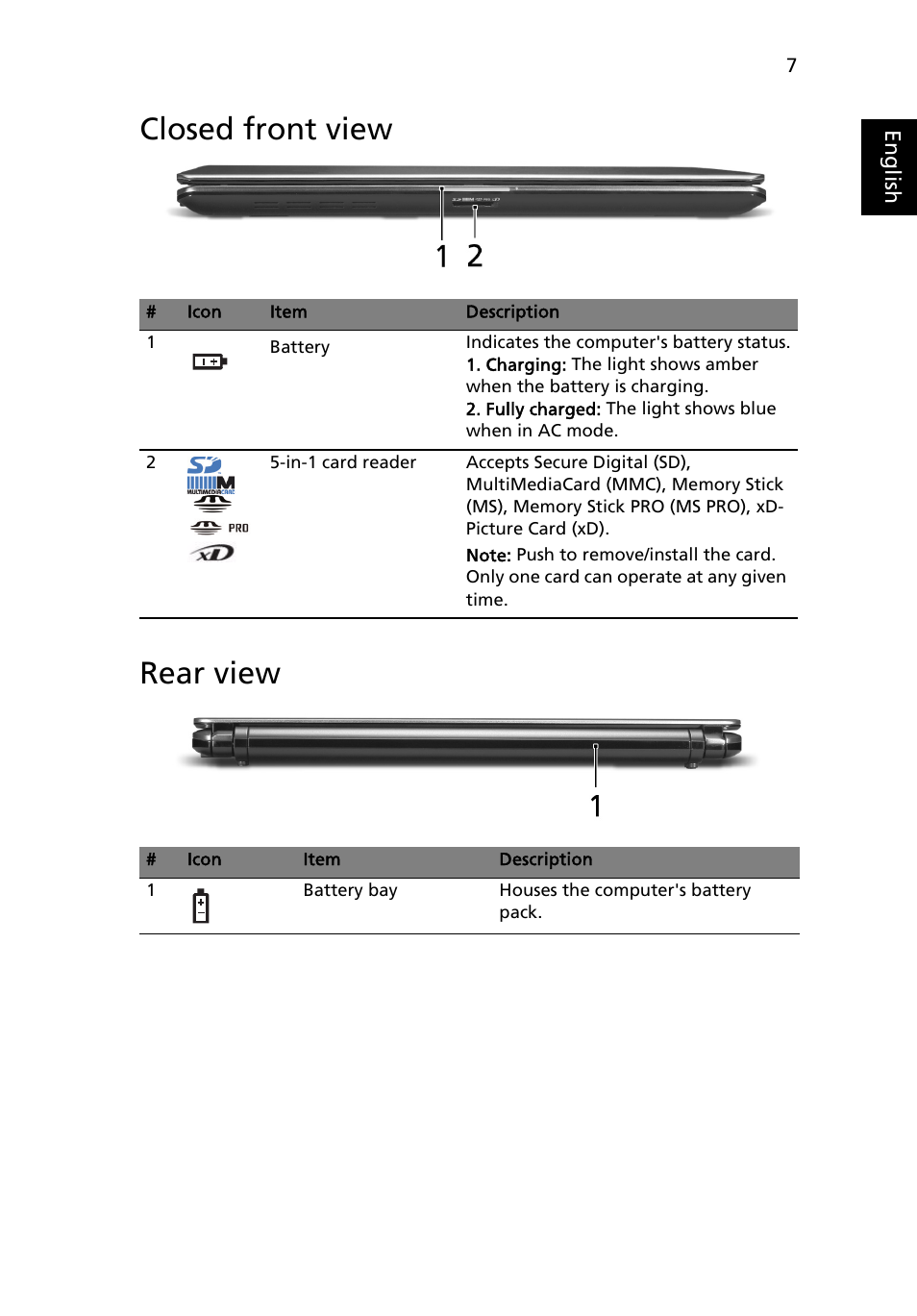 Closed front view, Rear view, Closed front view rear view | Acer Aspire 4810TZ User Manual | Page 7 / 13