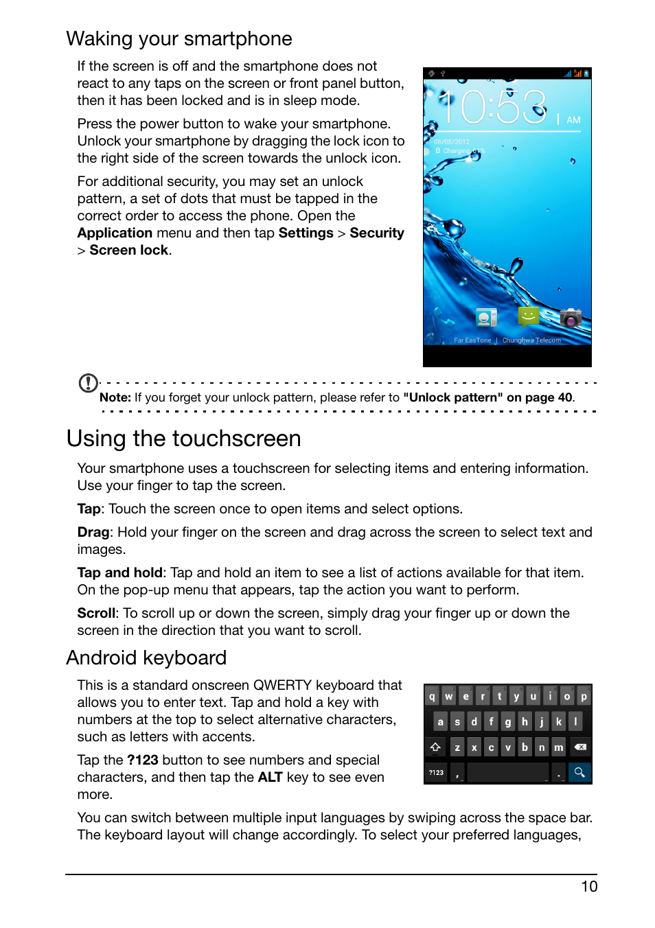 Waking your smartphone, Using the touchscreen, Android keyboard | Acer E350 User Manual | Page 10 / 60