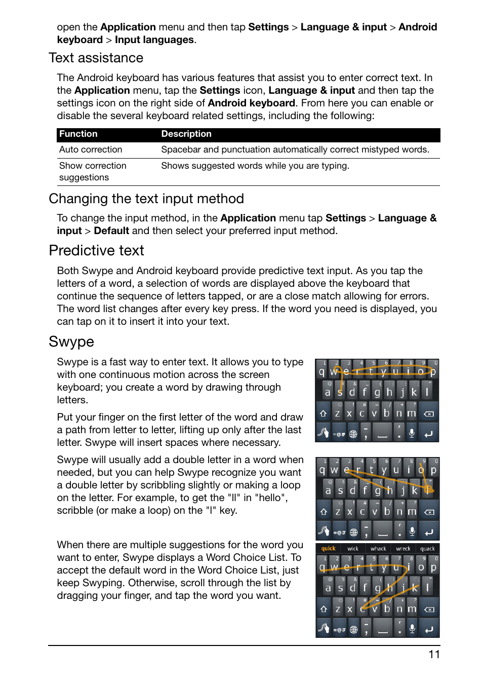 Predictive text, Swype, Text assistance | Changing the text input method | Acer E350 User Manual | Page 11 / 60