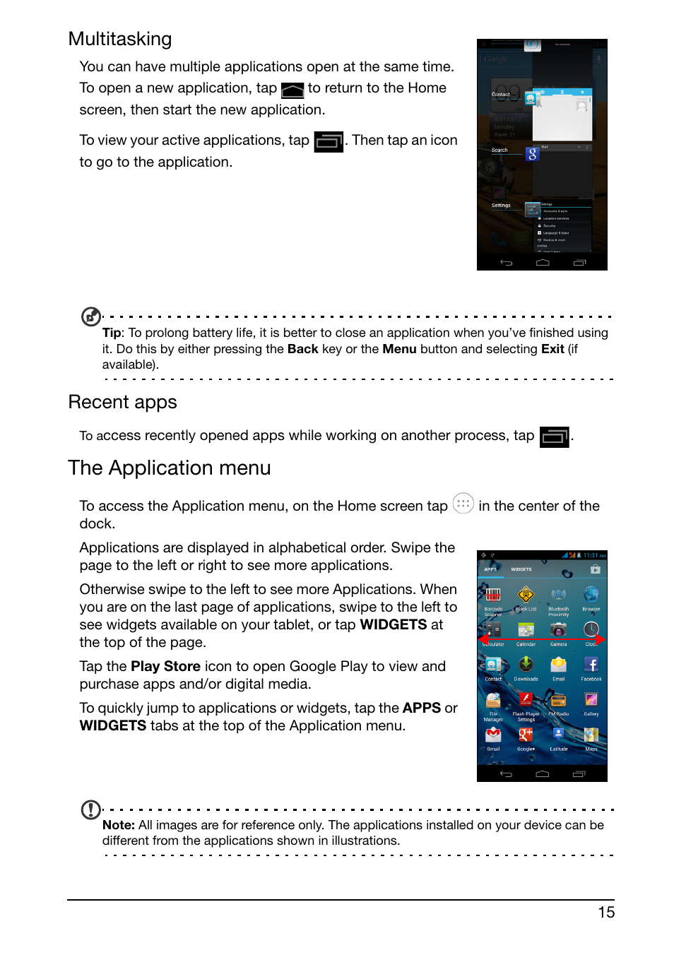 The application menu, Multitasking, Recent apps | Acer E350 User Manual | Page 15 / 60