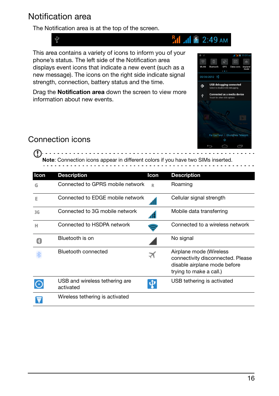 Notification area, Connection icons | Acer E350 User Manual | Page 16 / 60