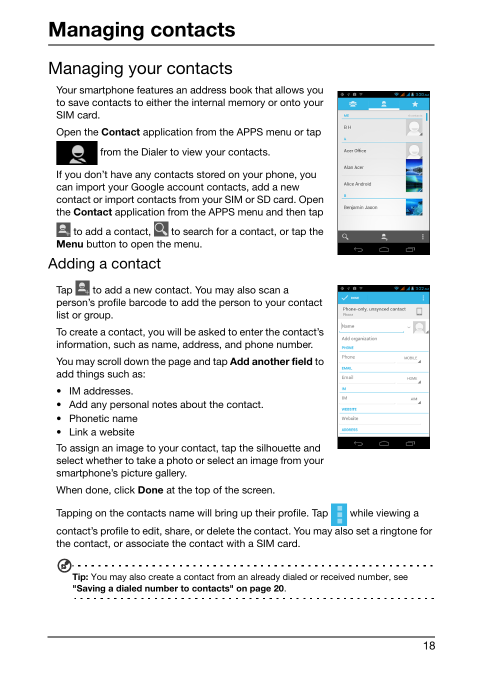 Managing contacts, Managing your contacts, Adding a contact | Acer E350 User Manual | Page 18 / 60