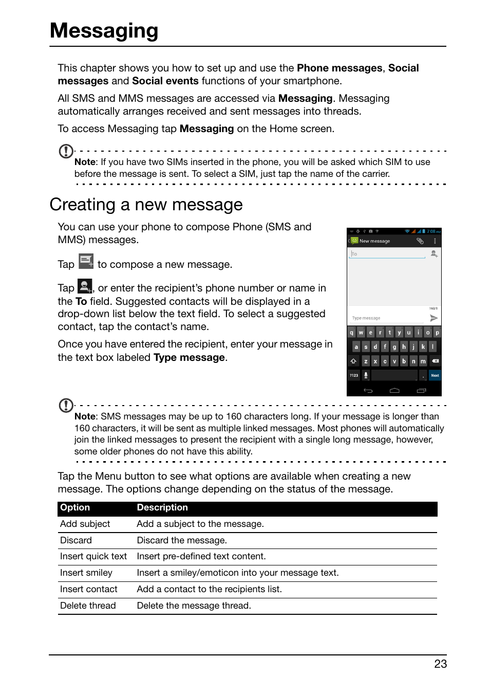 Messaging, Creating a new message | Acer E350 User Manual | Page 23 / 60