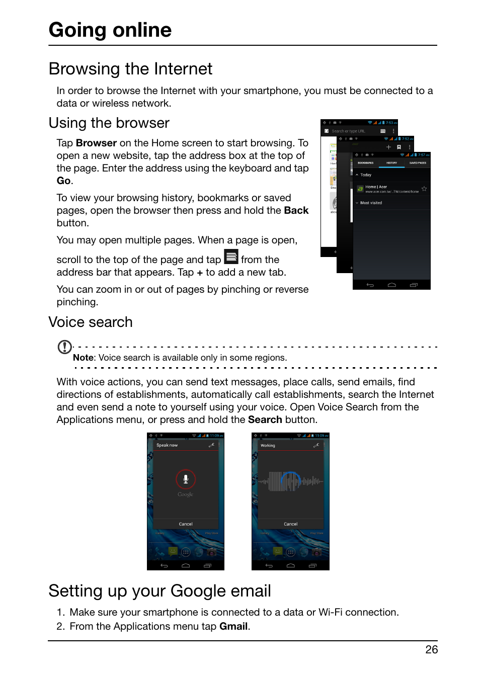 Going online, Browsing the internet, Using the browser | Voice search, Setting up your google email, Browsing the internet setting up your google email | Acer E350 User Manual | Page 26 / 60