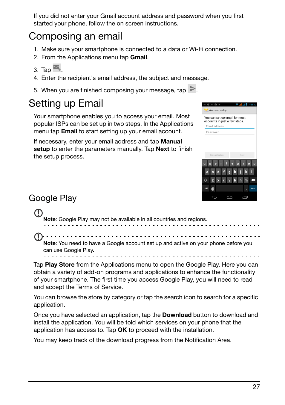 Composing an email, Setting up email, Google play | Composing an email setting up email | Acer E350 User Manual | Page 27 / 60