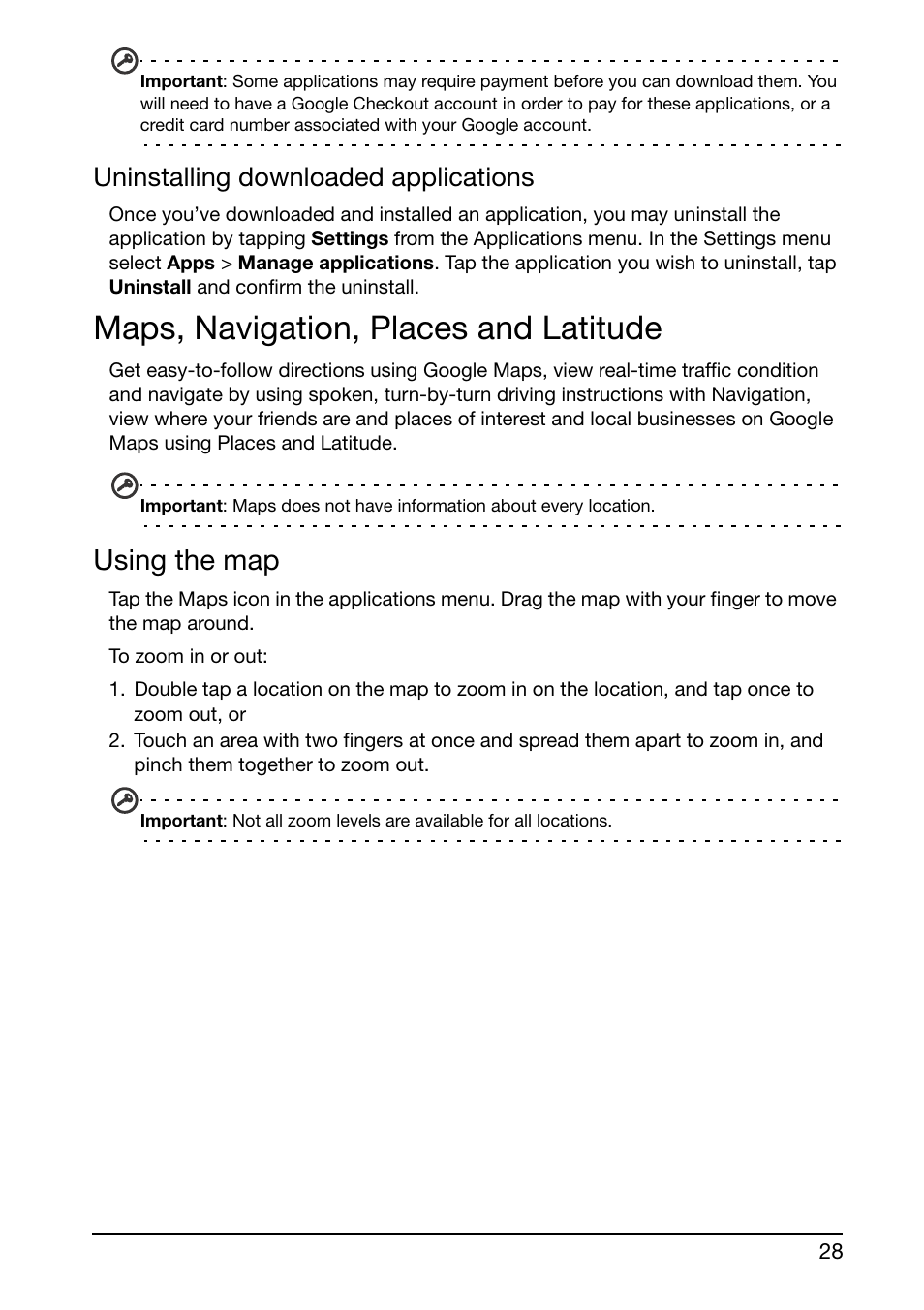 Maps, navigation, places and latitude, Using the map, Uninstalling downloaded applications | Acer E350 User Manual | Page 28 / 60