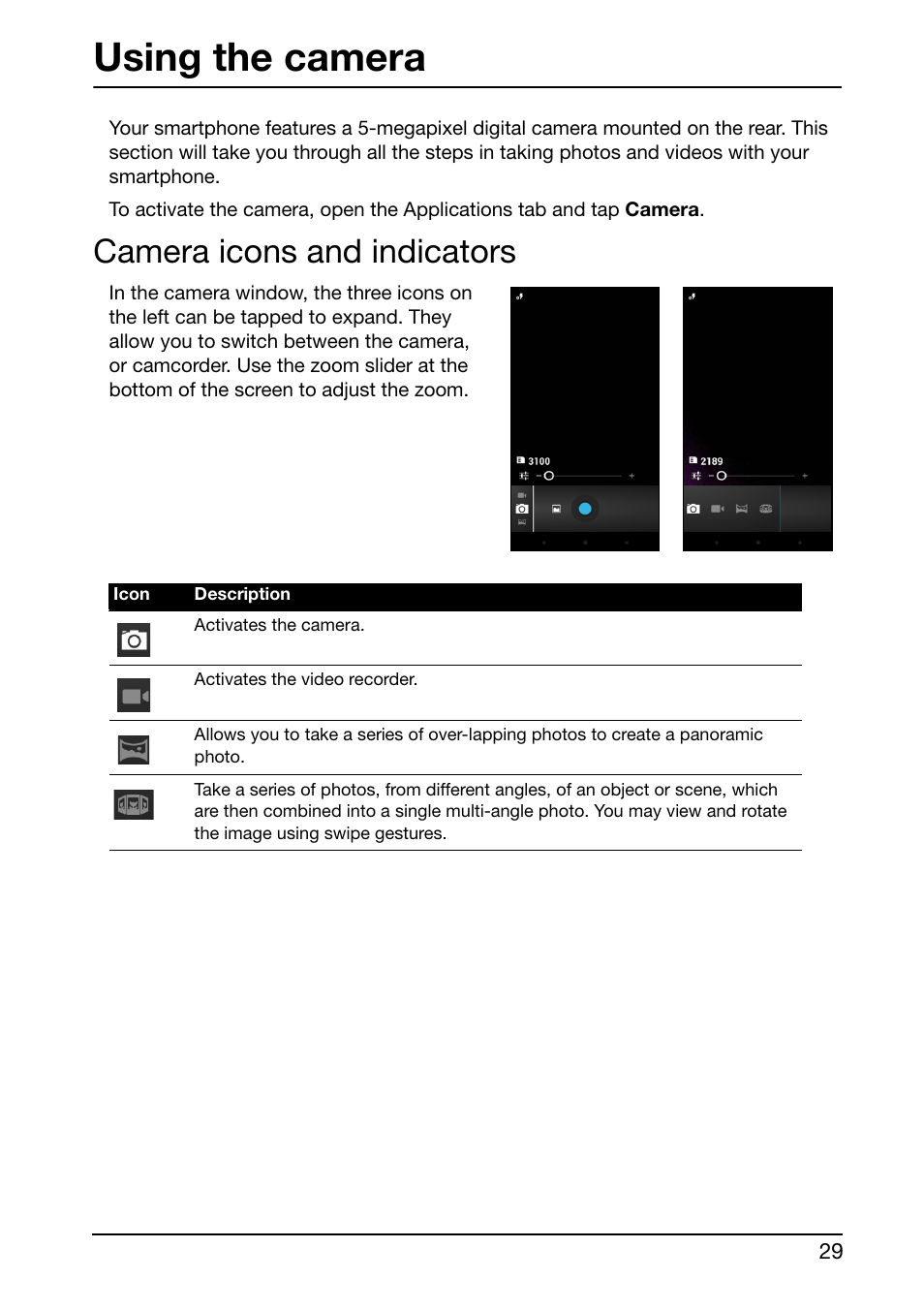 Using the camera, Camera icons and indicators | Acer E350 User Manual | Page 29 / 60