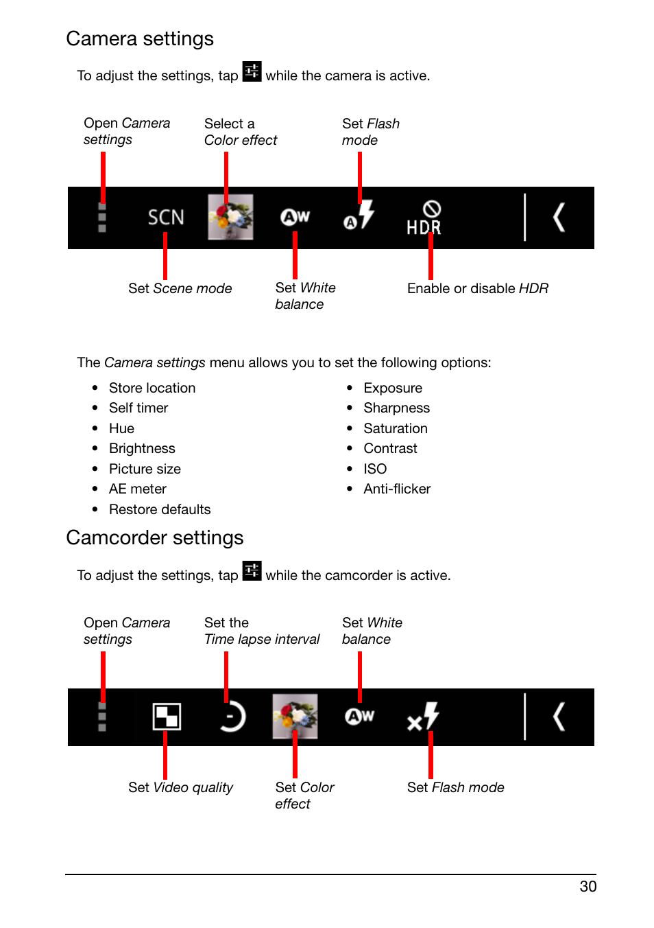 Camera settings, Camcorder settings | Acer E350 User Manual | Page 30 / 60