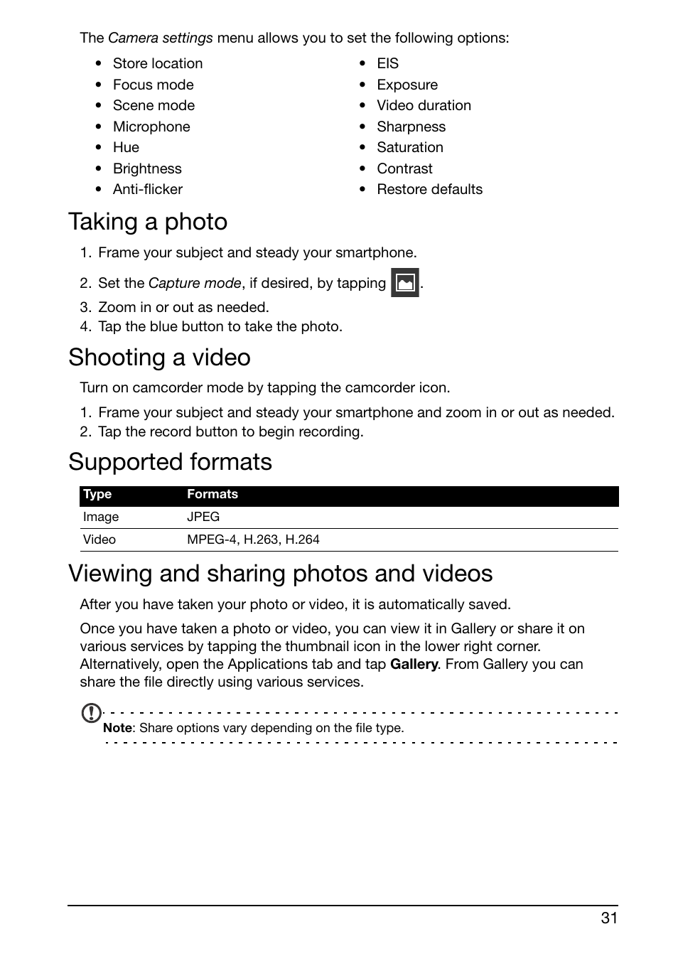 Taking a photo, Shooting a video, Supported formats | Viewing and sharing photos and videos | Acer E350 User Manual | Page 31 / 60