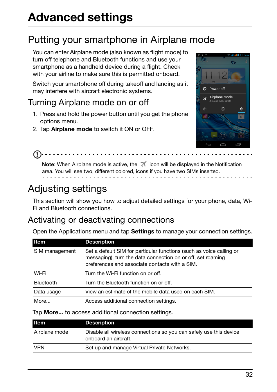 Advanced settings, Putting your smartphone in airplane mode, Turning airplane mode on or off | Adjusting settings, Activating or deactivating connections | Acer E350 User Manual | Page 32 / 60