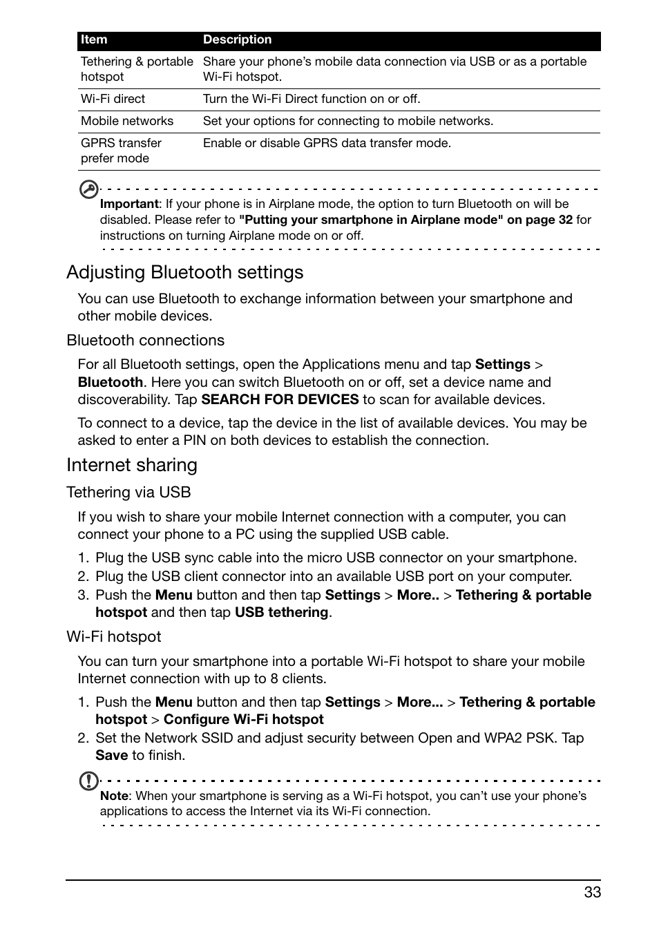 Adjusting bluetooth settings, Internet sharing | Acer E350 User Manual | Page 33 / 60