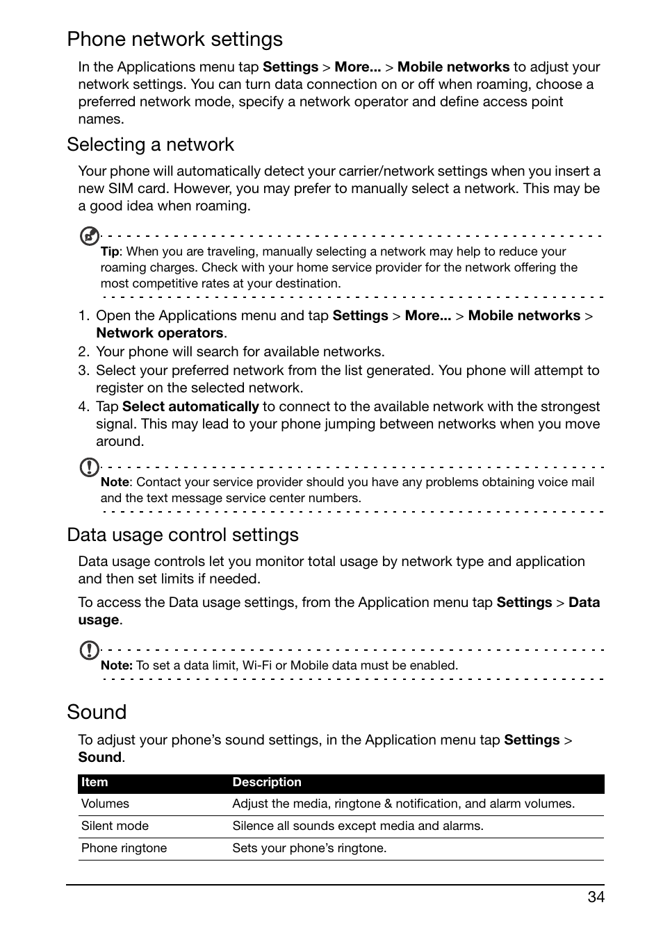 Phone network settings, Sound, Selecting a network | Data usage control settings | Acer E350 User Manual | Page 34 / 60
