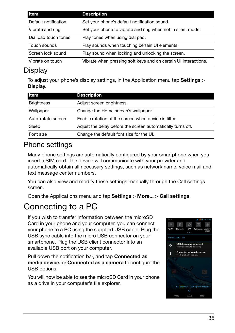 Display, Phone settings, Connecting to a pc | Acer E350 User Manual | Page 35 / 60