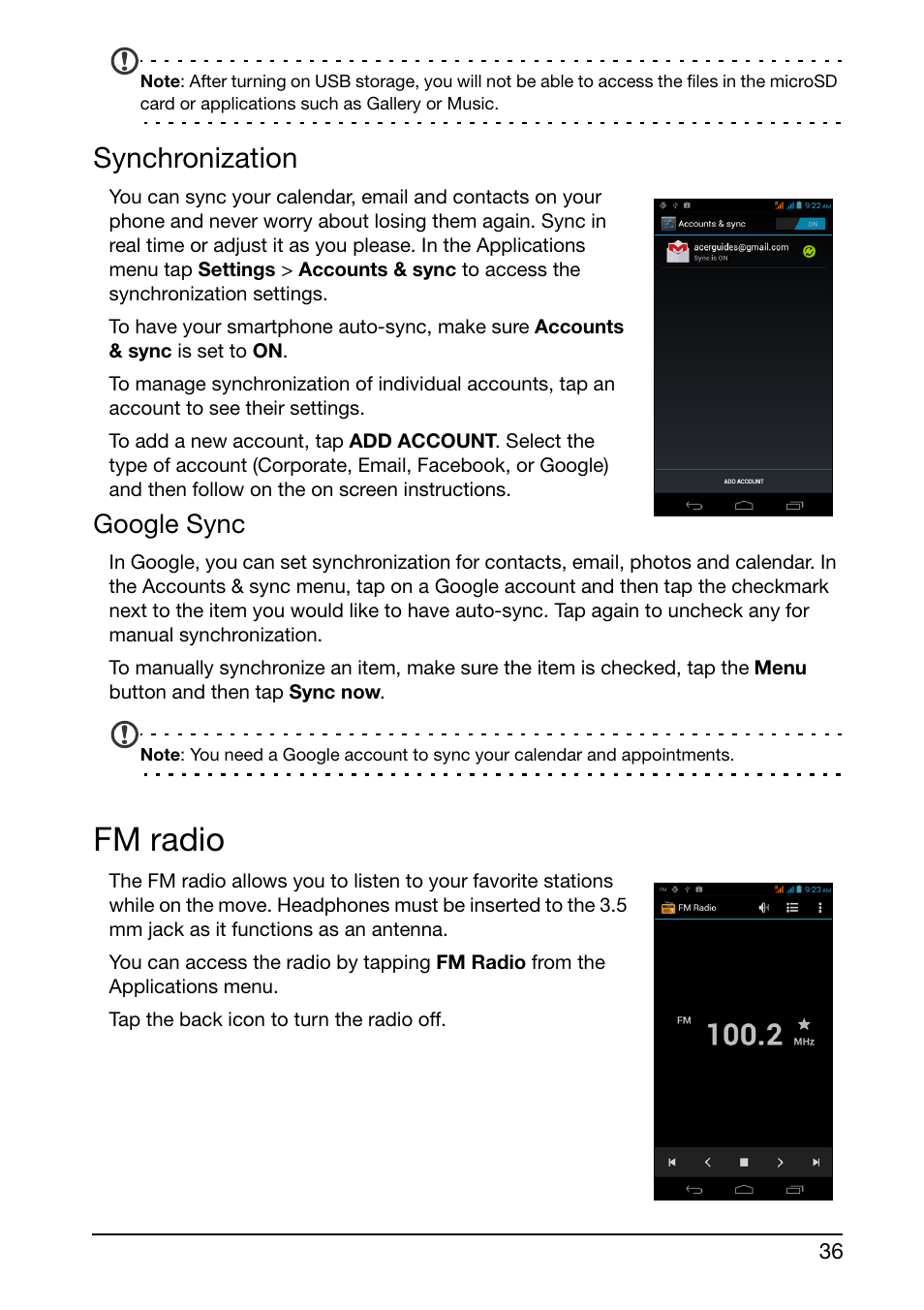 Synchronization, Fm radio, Google sync | Acer E350 User Manual | Page 36 / 60