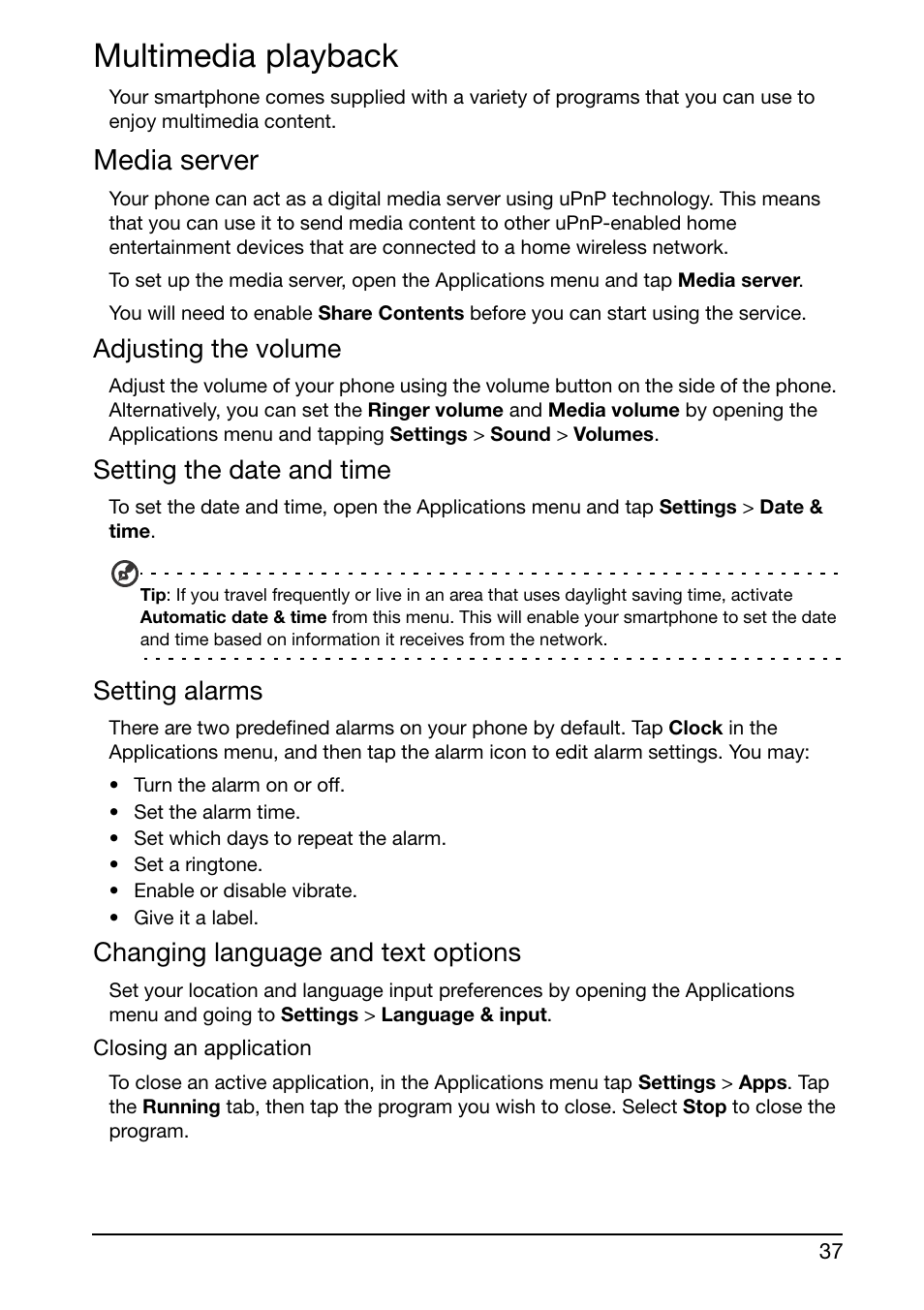 Multimedia playback, Media server, Adjusting the volume | Setting the date and time, Setting alarms, Changing language and text options | Acer E350 User Manual | Page 37 / 60