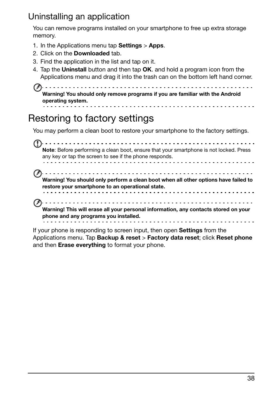 Uninstalling an application, Restoring to factory settings | Acer E350 User Manual | Page 38 / 60