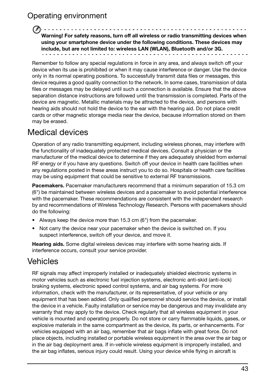 Medical devices, Vehicles, Operating environment | Acer E350 User Manual | Page 43 / 60