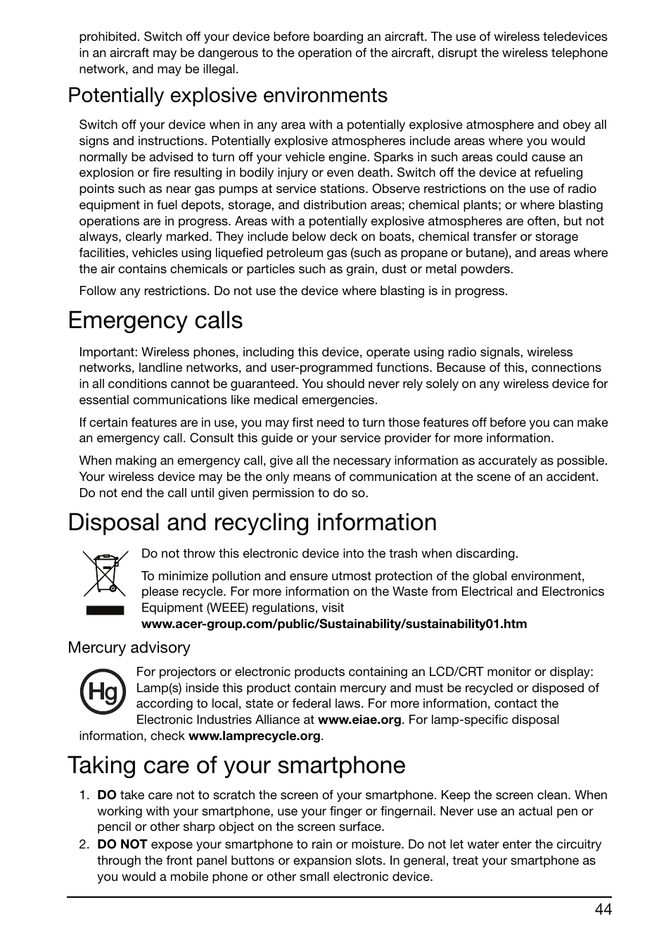 Potentially explosive environments, Emergency calls, Disposal and recycling information | Taking care of your smartphone | Acer E350 User Manual | Page 44 / 60