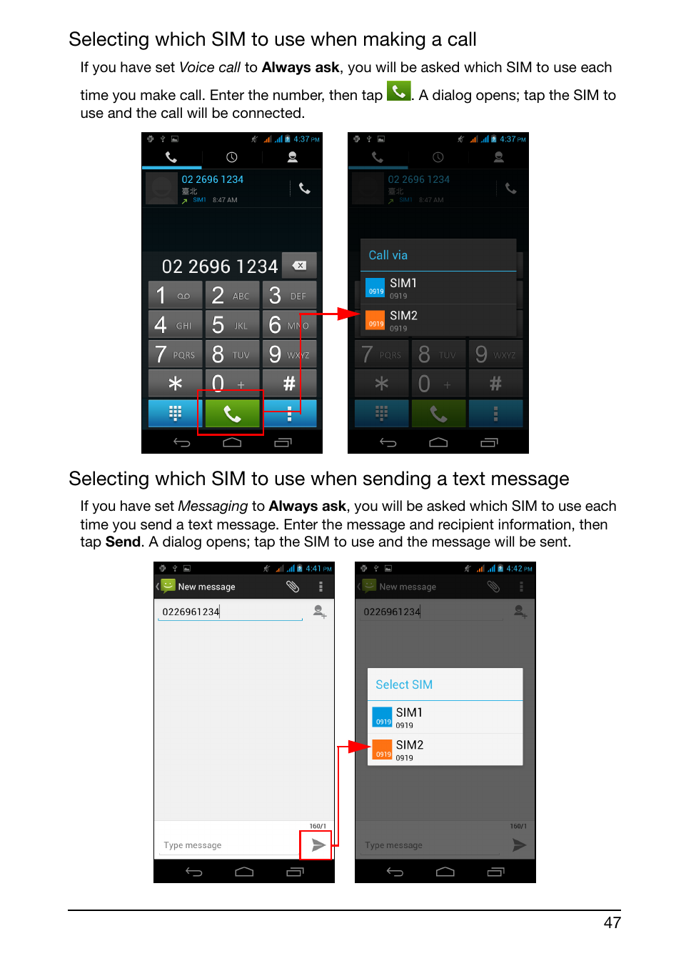 Selecting which sim to use when making a call | Acer E350 User Manual | Page 47 / 60